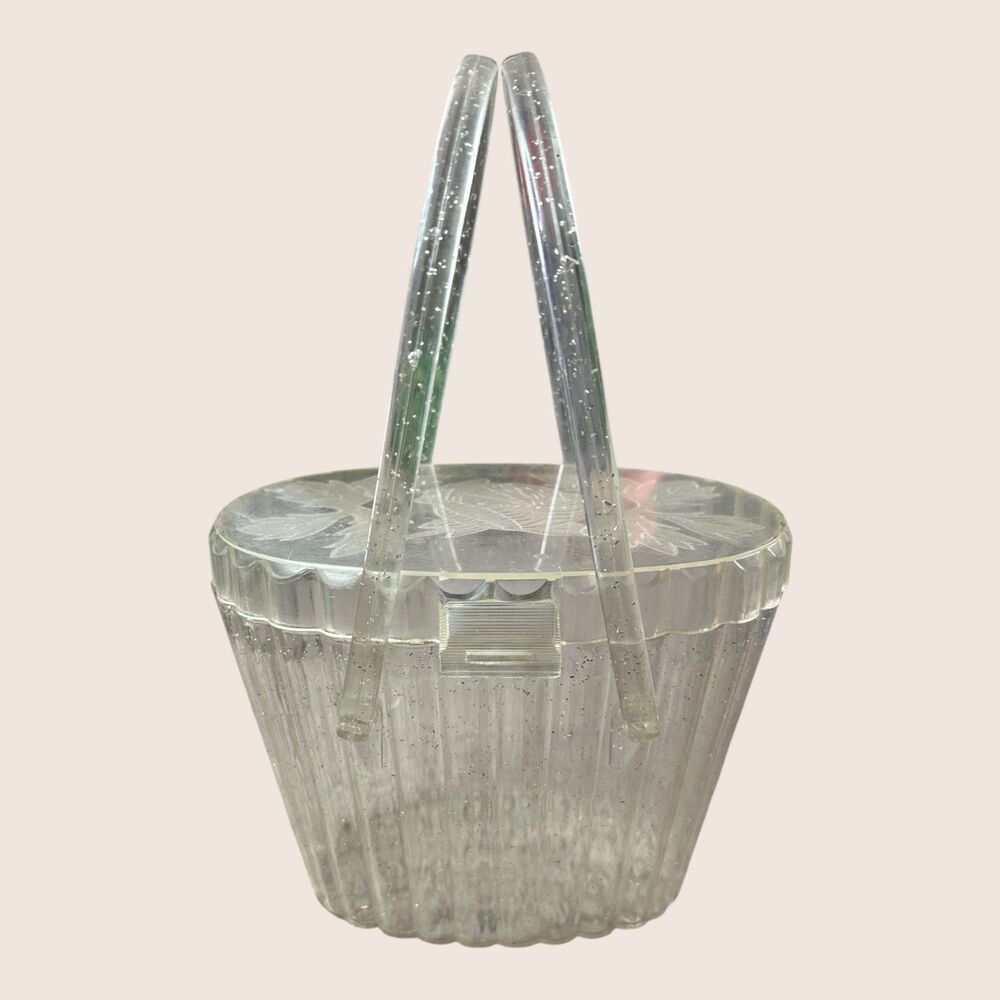 👜 VTG 1950s LUCITE GLITTER CONFETTI BRIDAL BOX BAG PURSE THERESA BAG COMPANY